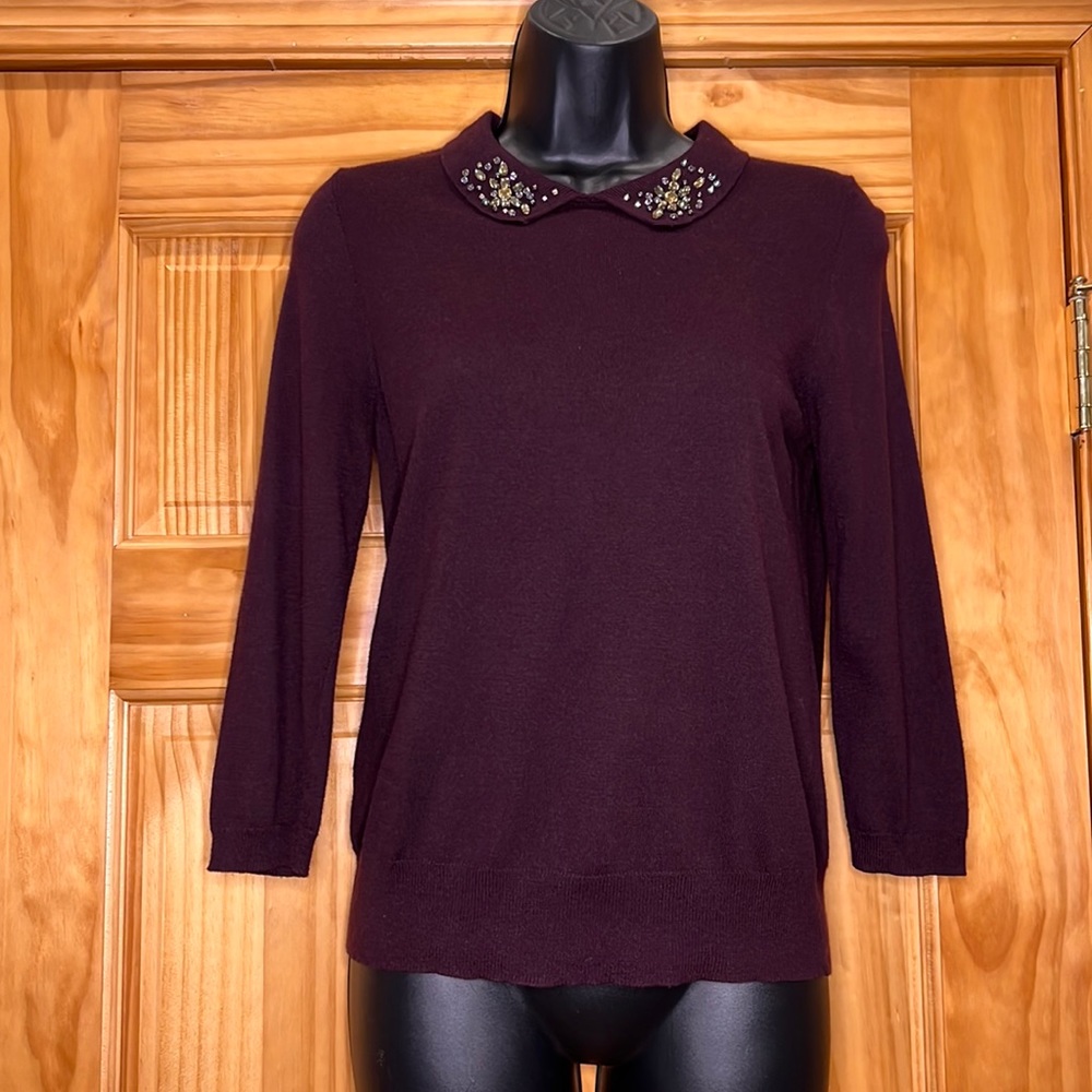 Ann Taylor Eggplant Purple Peter Pan Jeweled Collar Pullover Sweater